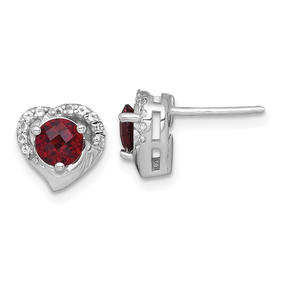 Sterling Silver White Gold Heart Shaped Round Cut Natural Garnet & White Topaz Earrings