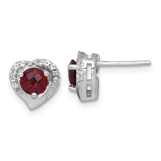 Sterling Silver White Gold Heart Shaped Round Cut Natural Garnet & White Topaz Earrings