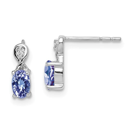White Gold Filled Sterling Silver Natural Tanzanite & Diamond Oval Stud Earrings