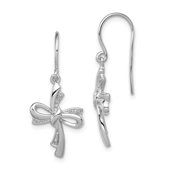 White Gold Filled Sterling Silver Ribbon Diamond Cross Earrings