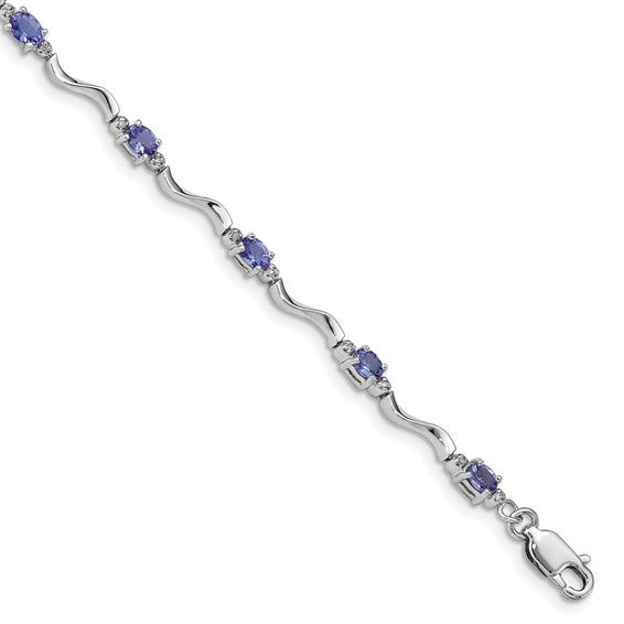 White Gold Filled Sterling Silver Natural Tanzanite & Diamond Bracelet