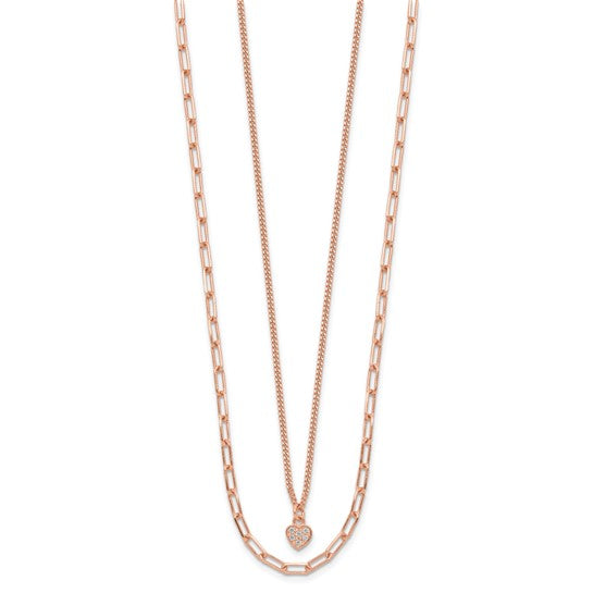 Rose Gold Filled Sterling Silver Double Paperclip Necklace Crystal Heart Set