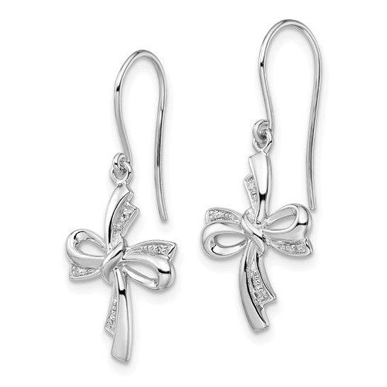 White Gold Filled Sterling Silver Ribbon Diamond Cross Earrings