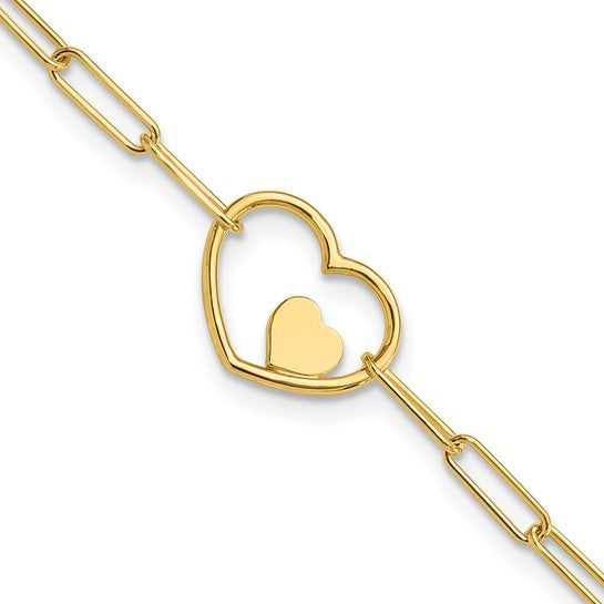14K Yellow Gold Paperclip Double Heart Bracelet