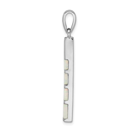 Sterling Silver White Gold Plated Lab Created Opal Bar Pendant