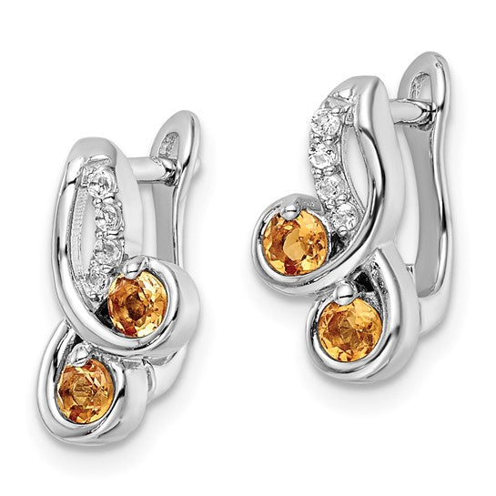 White Gold Plated Sterling Silver Natural Citrine &V White Topaz Hinged Earrings