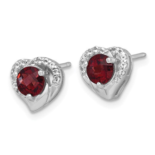 Sterling Silver White Gold Heart Shaped Round Cut Natural Garnet & White Topaz Earrings