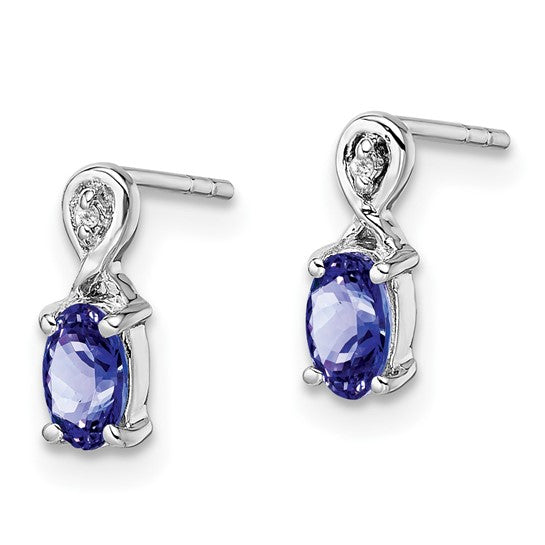 White Gold Filled Sterling Silver Natural Tanzanite & Diamond Oval Stud Earrings