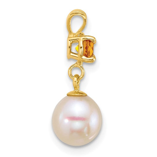 14K Yellow Gold 7-8mm Freshwater Cultured Peal Pendant With Natural Citrine Birthstone