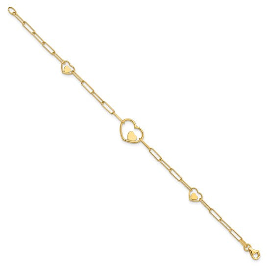 14K Yellow Gold Paperclip Double Heart Bracelet