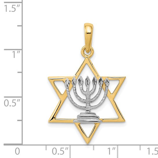 14K Gold Two Tone Hanukkah Menorah Star Of David Pendant