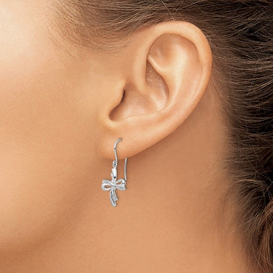 White Gold Filled Sterling Silver Ribbon Diamond Cross Earrings