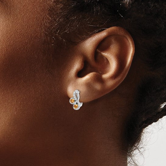 White Gold Plated Sterling Silver Natural Citrine &V White Topaz Hinged Earrings