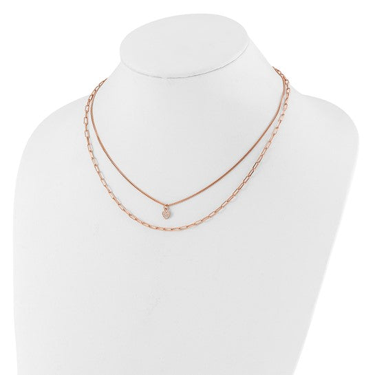 Rose Gold Filled Sterling Silver Double Paperclip Necklace Crystal Heart Set