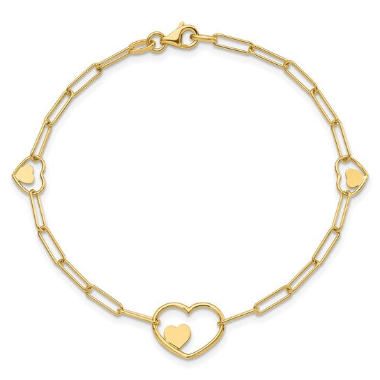 14K Yellow Gold Paperclip Double Heart Bracelet
