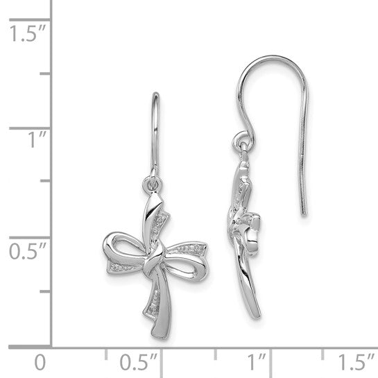 White Gold Filled Sterling Silver Ribbon Diamond Cross Earrings