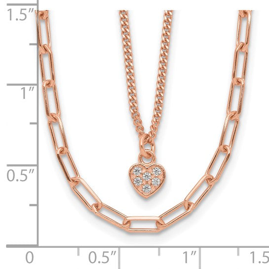 Rose Gold Filled Sterling Silver Double Paperclip Necklace Crystal Heart Set