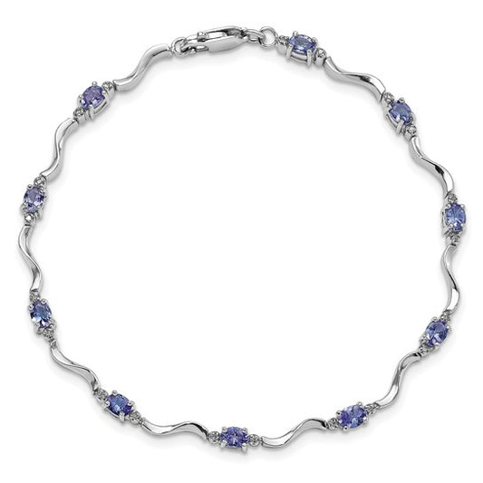 White Gold Filled Sterling Silver Natural Tanzanite & Diamond Bracelet