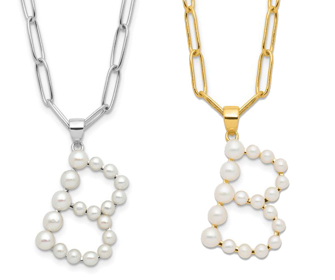 Gold Plated Sterling Silver Freshwater Pearl Initial Necklace Set Letters A-Z