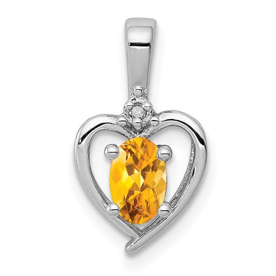 Sterling Silver White Gold Plated .5 Carat Heart Framed Natural Citrine & Diamond Pendant