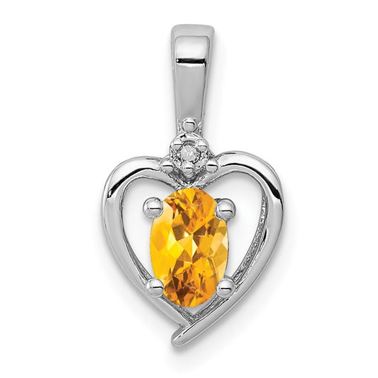 Sterling Silver White Gold Plated .5 Carat Heart Framed Natural Citrine & Diamond Pendant