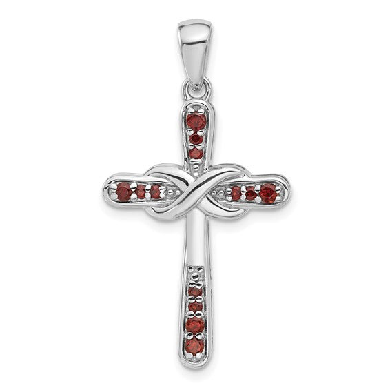 Sterling Silver Rhodium Plated Natural Garnet Infinity Cross Pendant