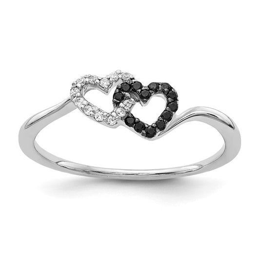 14K White Gold Black & White Diamond Double Heart Ring