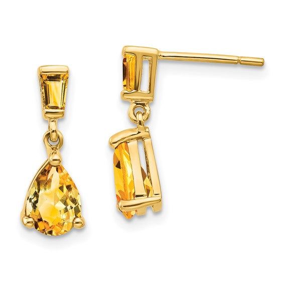 14K Yellow/White Gold Pear Baguette Natural Citrine Earrings