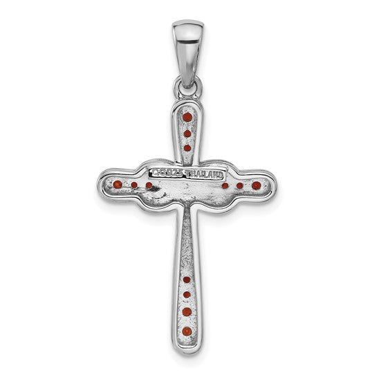 Sterling Silver Rhodium Plated Natural Garnet Infinity Cross Pendant