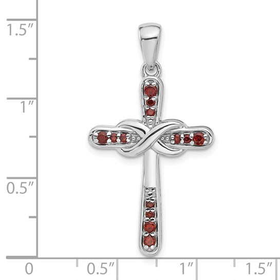 Sterling Silver Rhodium Plated Natural Garnet Infinity Cross Pendant