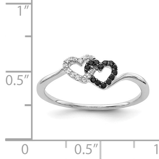 14K White Gold Black & White Diamond Double Heart Ring