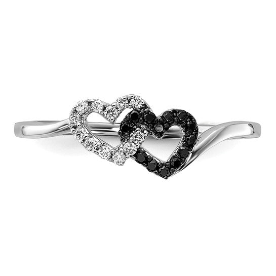 14K White Gold Black & White Diamond Double Heart Ring