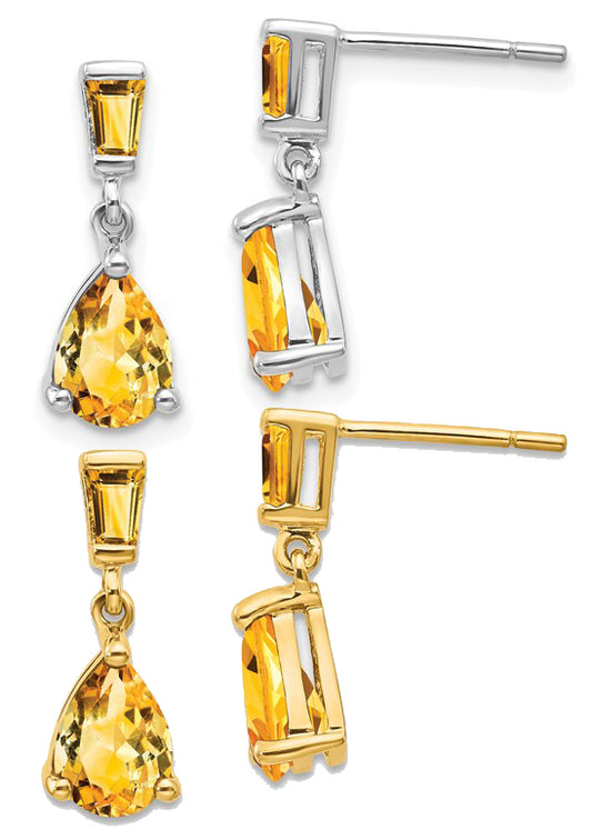 14K Yellow/White Gold Pear Baguette Natural Citrine Earrings