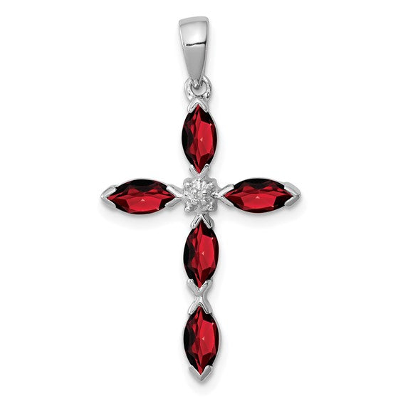 Sterling Silver Rhodium Plated Natural Garnet & Diamond Cross Pendant