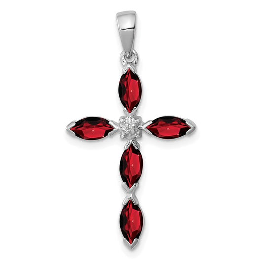 Sterling Silver Rhodium Plated Natural Garnet & Diamond Cross Pendant
