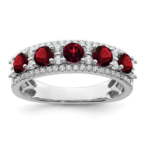 14K White Gold With Natural Garnet & Diamond Alternating Stone Band
