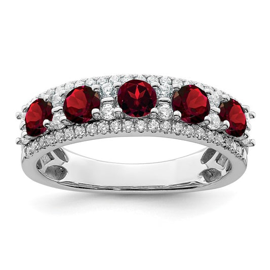 14K White Gold With Natural Garnet & Diamond Alternating Stone Band