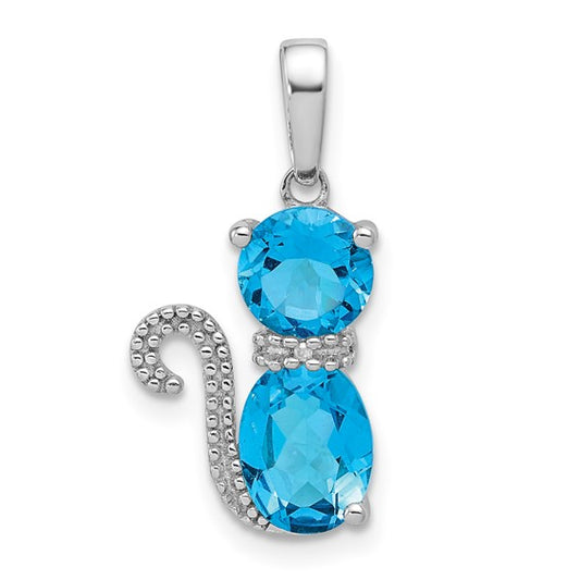 White Gold Filled Sterling Silver Blue Topaz Cat Pet Pendant