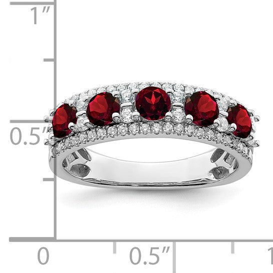 14K White Gold With Natural Garnet & Diamond Alternating Stone Band