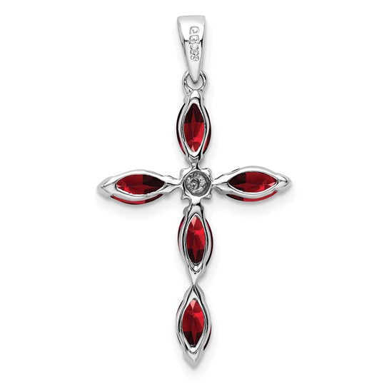 Sterling Silver Rhodium Plated Natural Garnet & Diamond Cross Pendant