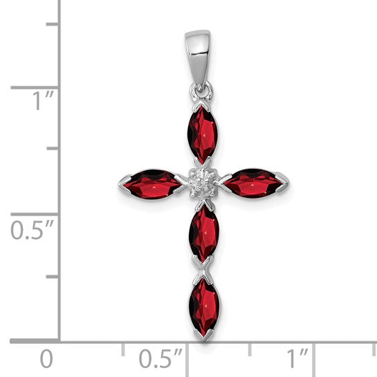 Sterling Silver Rhodium Plated Natural Garnet & Diamond Cross Pendant