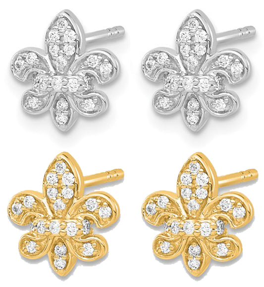 14K White/Yellow Gold 1/6 Carat Diamond Fleur De Lis Post Earrings