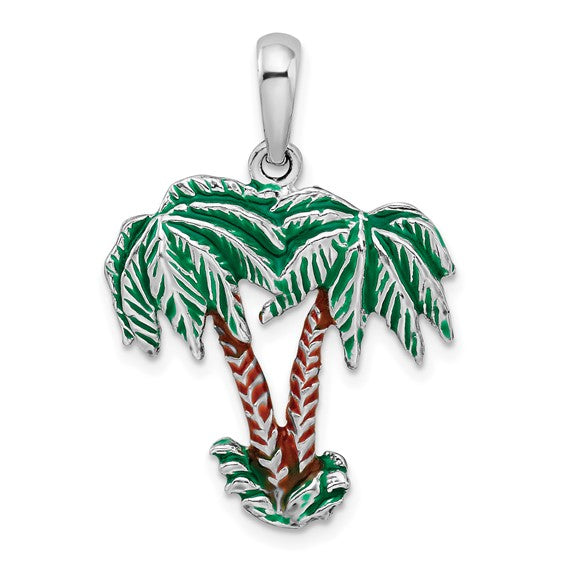 Sterling Silver Rhodium Plated Enameled Palm Tree Pendant