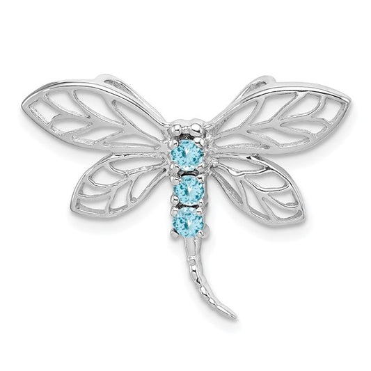 White Gold Filled Sterling Silver Blue Topaz Dragonfly Pendant