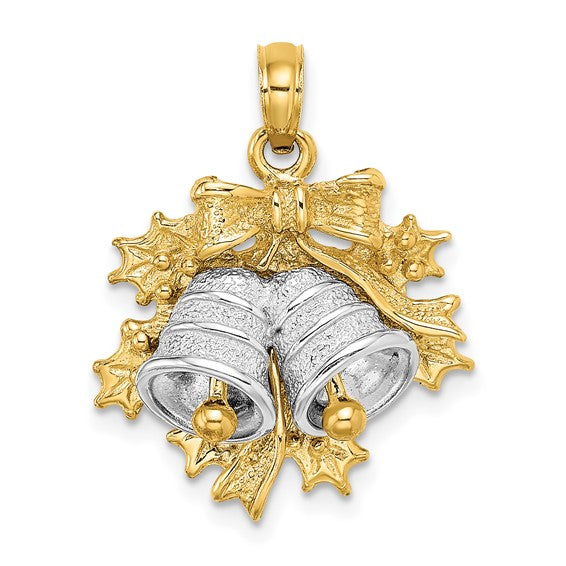 14K Yellow/White Gold Two Tone Holly & Christmas Bells Pendant