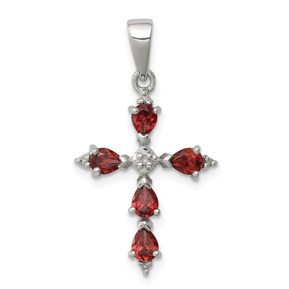 Sterling Silver Rhodium Plated Natural Garnet Pear Stone Cross Pendant