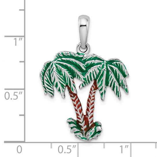 Sterling Silver Rhodium Plated Enameled Palm Tree Pendant