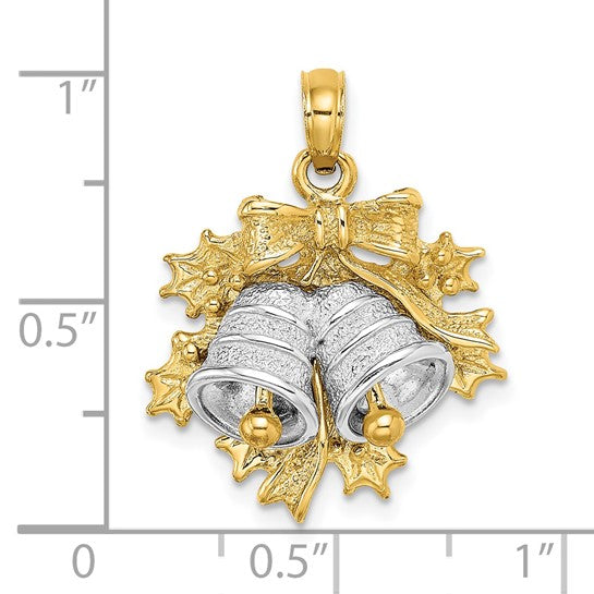 14K Yellow/White Gold Two Tone Holly & Christmas Bells Pendant