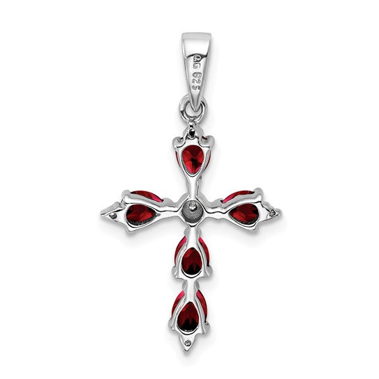 Sterling Silver Rhodium Plated Natural Garnet Pear Stone Cross Pendant
