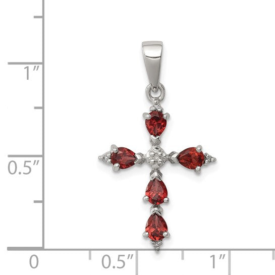 Sterling Silver Rhodium Plated Natural Garnet Pear Stone Cross Pendant